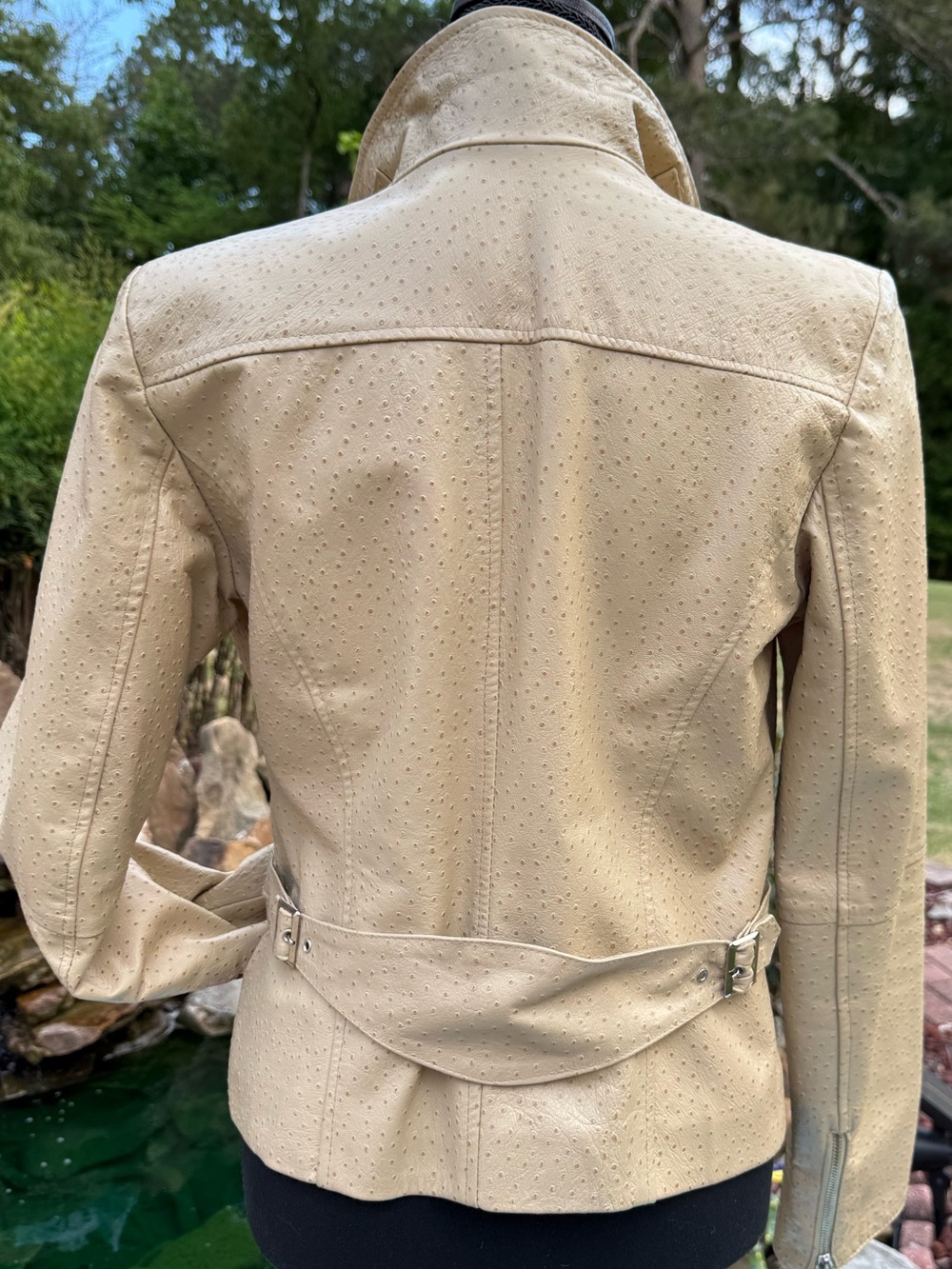 Vera Pelle Light Tan Perforated Ostrich embossed Leather Jacket Buckle Collar - Picture 3 of 14